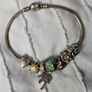 Silver Charm Bracelet with Heart and Flower Accents